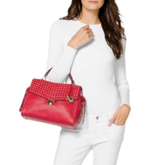 Michael Kors MK Bristol Studded Leather Satchel Crossbody Purse Shoulder Bag Red - Picture 3 of 17
